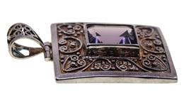 STERLING SILVER RECTANGULAR PENDANT WITH PURPLE GLASS