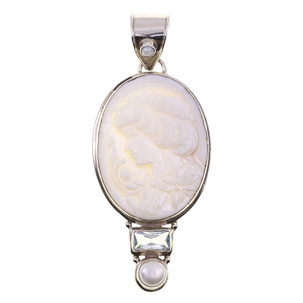 STERLING SILVER MOP & BLUE TOPAZ CAMEO PENDANT