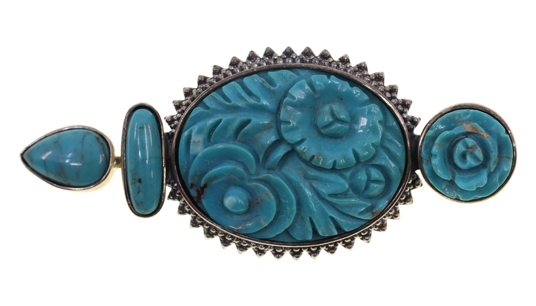 STERLING SILVER FLORAL CARVED TURQUOISE BROOCH
