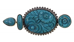 STERLING SILVER FLORAL CARVED TURQUOISE BROOCH