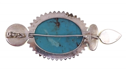 STERLING SILVER FLORAL CARVED TURQUOISE BROOCH