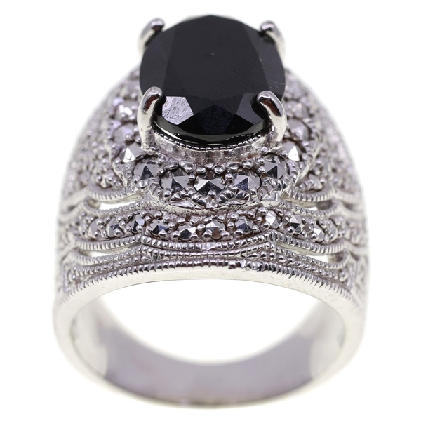 STERLING SILVER DJ ONYX & MARCASITE COCKTAIL RING
