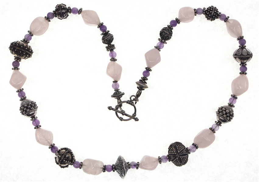 STERLING SILVER BEADED ROSE QUARTZ & AMETHYST NECKLACE