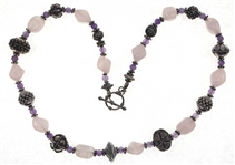 STERLING SILVER BEADED ROSE QUARTZ & AMETHYST NECKLACE