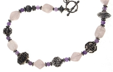 STERLING SILVER BEADED ROSE QUARTZ & AMETHYST NECKLACE