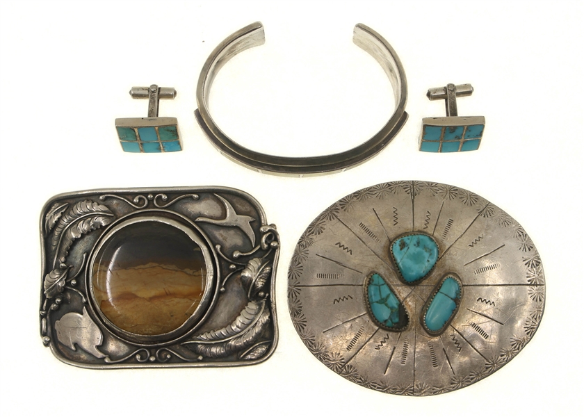 STERLING SILVER BELT BUCKLES, CUFF LINKS & BRACELET