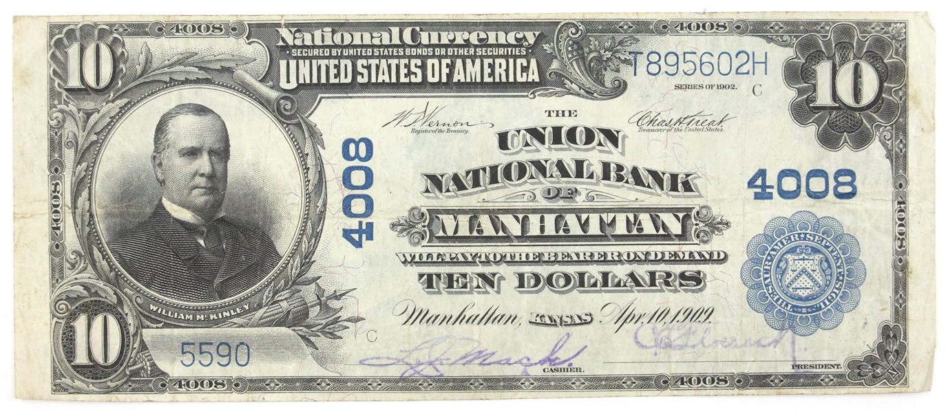 1902 US $10 BLUE SEAL NATIONAL BANK NOTE 