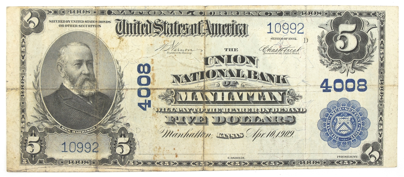 1902 US $5 BLUE SEAL NATIONAL CURRENCY NOTE