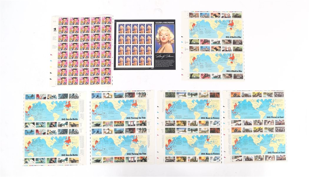 WWII, ELVIS, AND MARILYN MONROE POSTAGE STAMP SHEETS