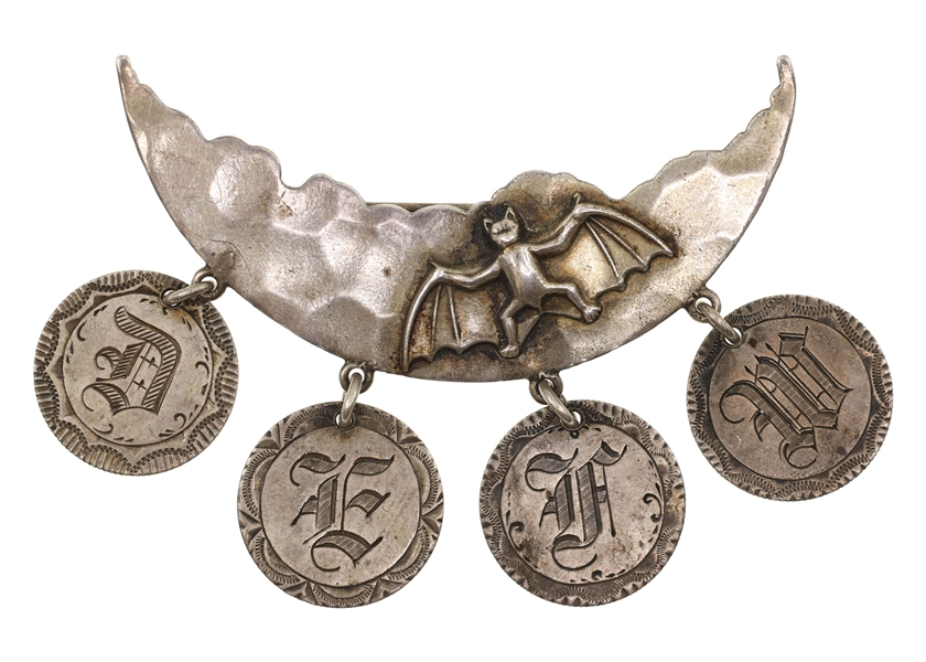 .925 &.900 SILVER VICTORIAN MOON & BAT 10C TOKEN BROOCH