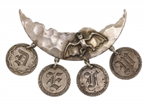 .925 &.900 SILVER VICTORIAN MOON & BAT 10C TOKEN BROOCH
