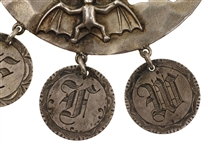 .925 &.900 SILVER VICTORIAN MOON & BAT 10C TOKEN BROOCH