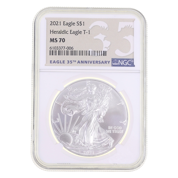 2021 US .999 SILVER HERALDIC EAGLE T-1 $1 COIN NGC MS70