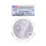 2021 US .999 SILVER EAGLE TYPE 2 $1 COIN PCGS MS 70