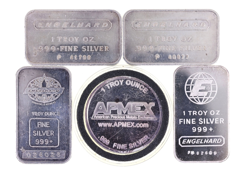 .999 FINE SILVER 1 OZ BULLION BARS & ROUND - LOT OF 5