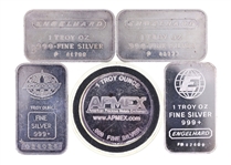 .999 FINE SILVER 1 OZ BULLION BARS & ROUND - LOT OF 5