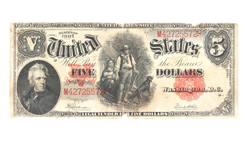 1907 US $5 LEGAL TENDER BANK NOTE "WOODCHOPPER"