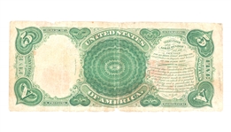 1907 US $5 LEGAL TENDER BANK NOTE WOODCHOPPER