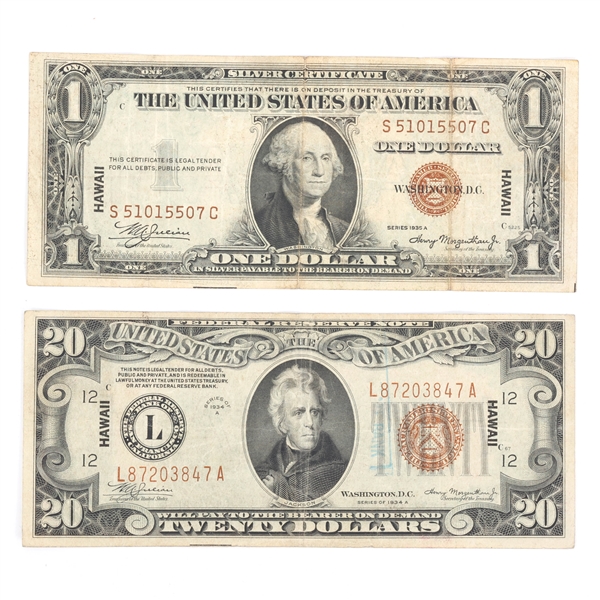 1934 & 1935 US $1 & $20 HAWAII BROWN SEAL BANK NOTES