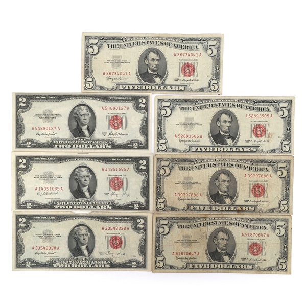 20TH C. US $2 & $5 RED SEAL BANK NOTES 