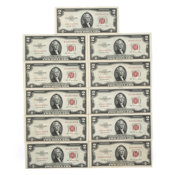 1953 US $2 RED SEAL BANK NOTES - PARTIALLY SEQUENTIAL