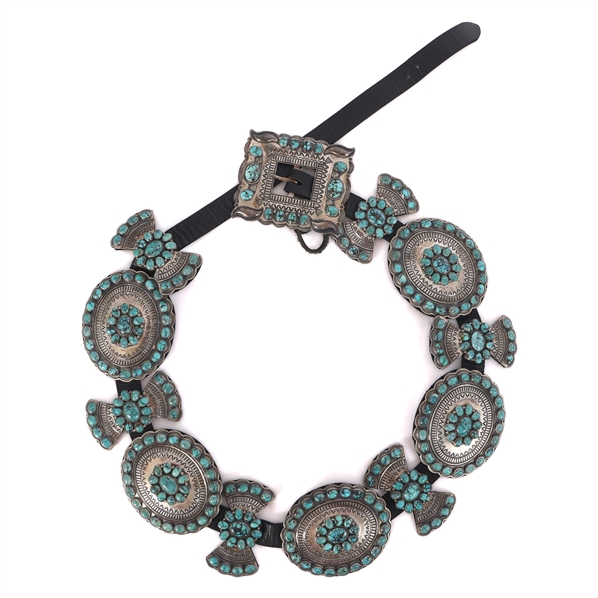 .925 SILVER ANDY CADMAN TURQUOISE & LEATHER CONCHO BELT