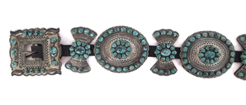 .925 SILVER ANDY CADMAN TURQUOISE & LEATHER CONCHO BELT