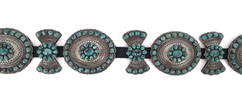 .925 SILVER ANDY CADMAN TURQUOISE & LEATHER CONCHO BELT