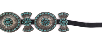 .925 SILVER ANDY CADMAN TURQUOISE & LEATHER CONCHO BELT