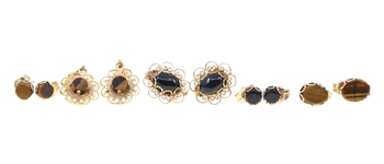 14K YELLOW GOLD TIGERS EYE & BLACK ONYX EARRINGS