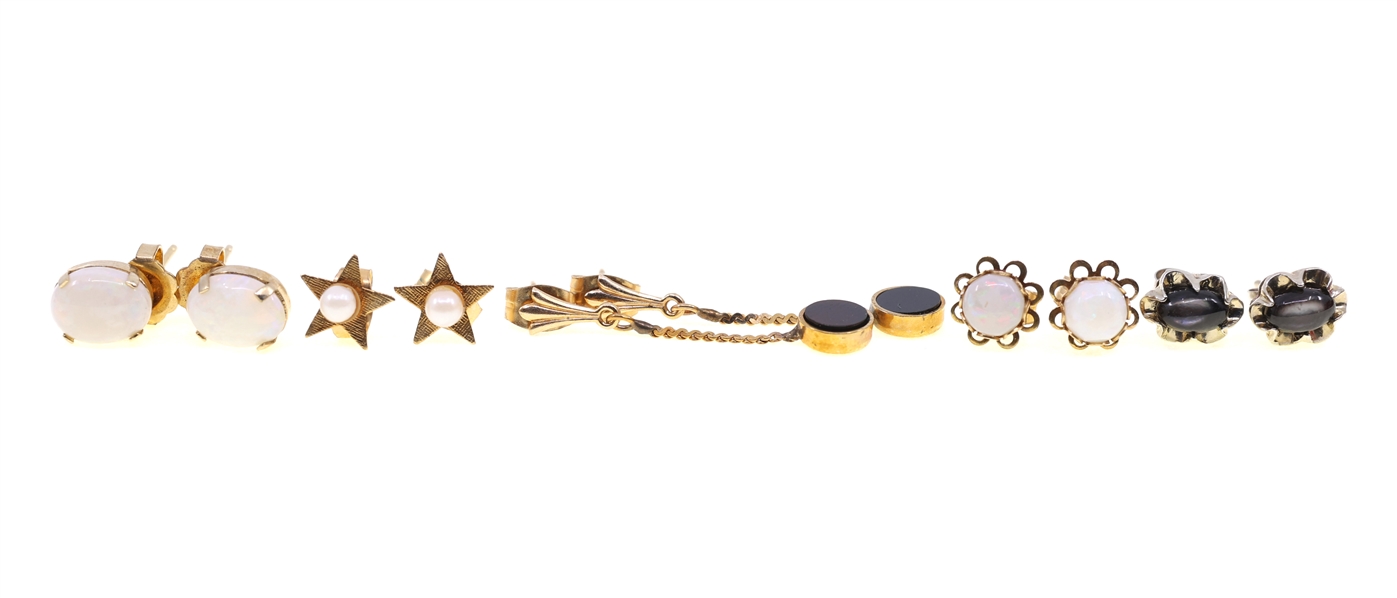 14K YELLOW GOLD EARRINGS - OPAL, SEED PEARL, AGATE