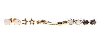 14K YELLOW GOLD EARRINGS - OPAL, SEED PEARL, AGATE