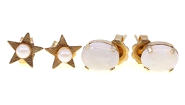 14K YELLOW GOLD EARRINGS - OPAL, SEED PEARL, AGATE