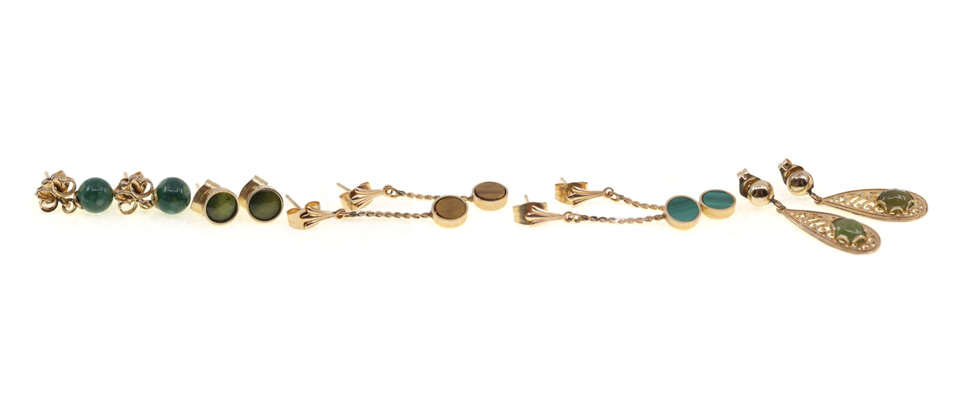 14K YELLOW GOLD EARRINGS - MALACHITE, JADE, TIGERS EYE