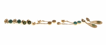 14K YELLOW GOLD EARRINGS - MALACHITE, JADE, TIGERS EYE