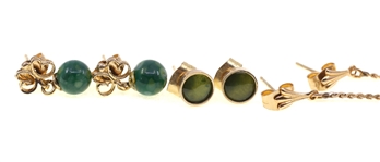 14K YELLOW GOLD EARRINGS - MALACHITE, JADE, TIGER'S EYE