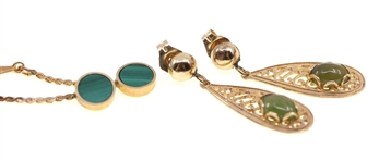14K YELLOW GOLD EARRINGS - MALACHITE, JADE, TIGER'S EYE