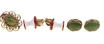 14K YELLOW GOLD JADE & ENAMEL EARRINGS