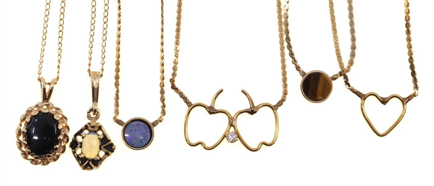 14K YELLOW GOLD NECKLACES - ONYX, TIGERS EYE, OPAL
