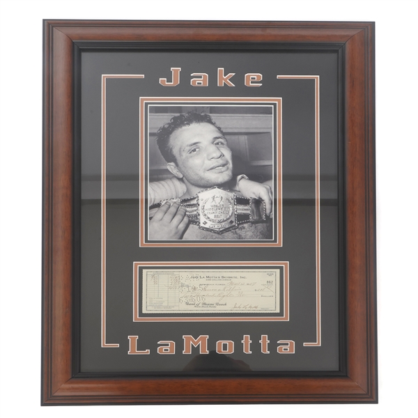 BOXER JAKE LA MOTTA SIGNED 1957 CHECK W/ PHOTO PRINT