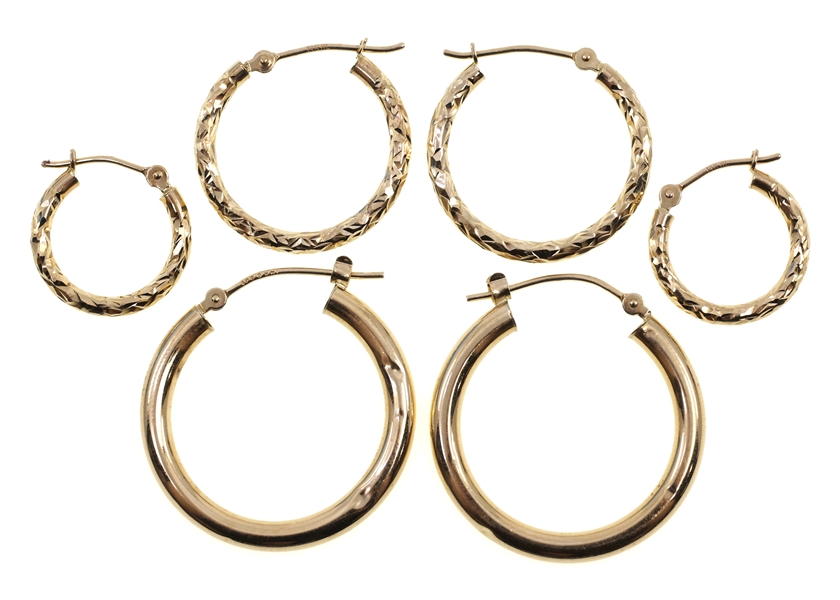 14K YELLOW GOLD HOLLOW HOOP EARRINGS - 3 PAIRS