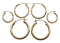 14K YELLOW GOLD HOLLOW HOOP EARRINGS - 3 PAIRS