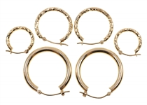 14K YELLOW GOLD HOLLOW HOOP EARRINGS - 3 PAIRS