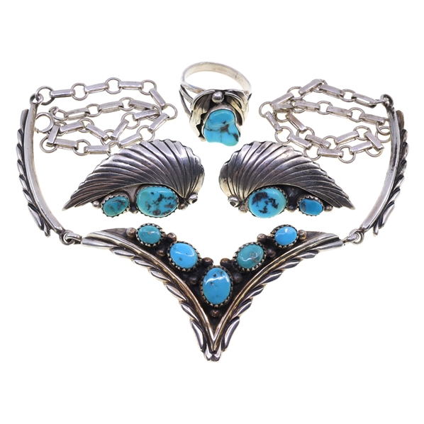 STERLING SILVER & TURQUOISE EARRINGS, NECKLACE, & RING