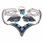 STERLING SILVER & TURQUOISE EARRINGS, NECKLACE, & RING