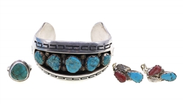 STERLING SILVER & TURQUOISE BRACELET, EARRINGS & RING
