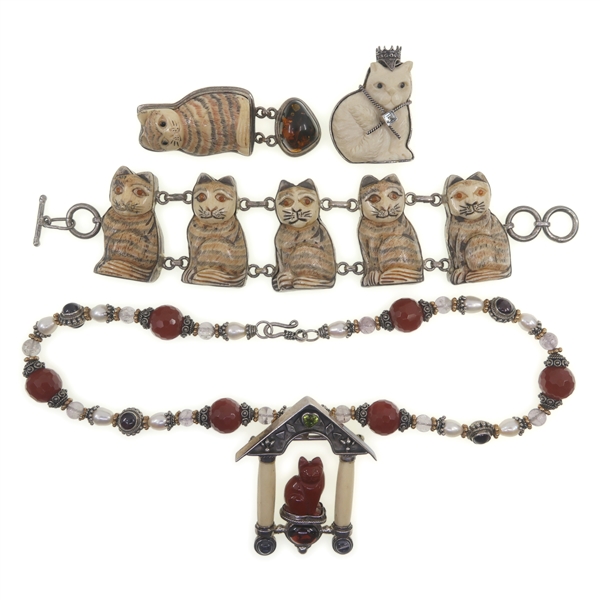 STERLING SILVER & CARVED BONE CAT THEME JEWELRY