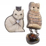 STERLING SILVER & CARVED BONE CAT THEME JEWELRY