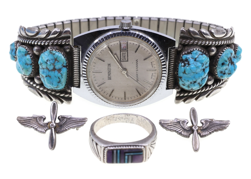 MENS STERLING SILVER WATCHBAND, RING & LAPEL PINS