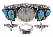 MENS STERLING SILVER WATCHBAND, RING & LAPEL PINS